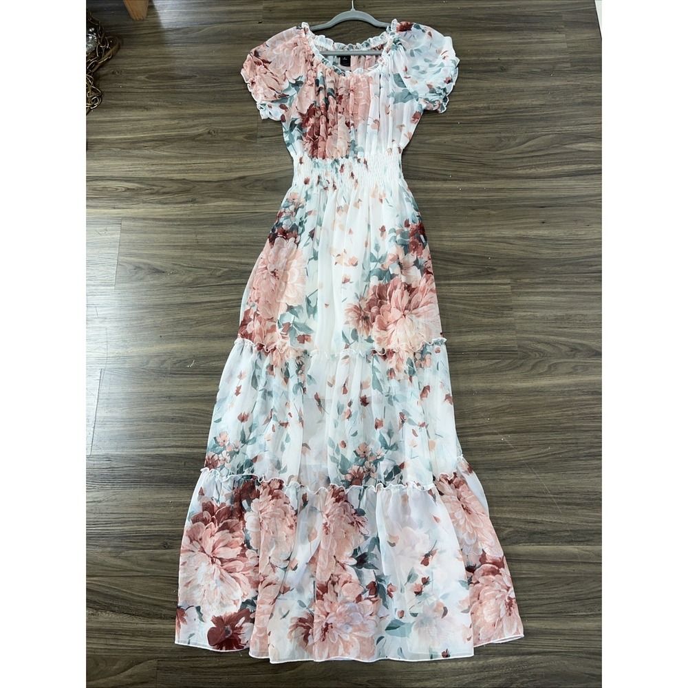 Floral Fit And Flare Boho Cottagecore Dress Size 6 Sheer